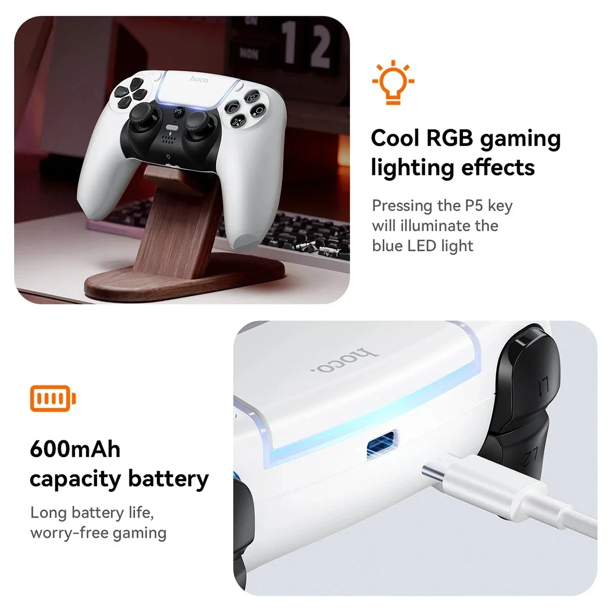 يد تحكم ألعاب لاسلكية HOCO GA32 Dragon لجهاز PS5 بتقنية Bluetooth 5.1 وبطارية 600mAh أبيض - Image 3