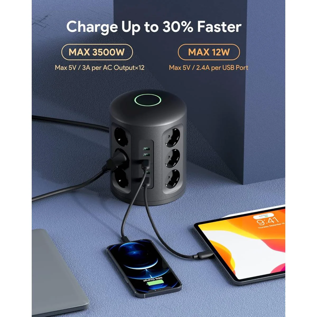 مشترك كهرباء عمودي AUKEY PA-S14 PowerHub XL واقي من زيادة التيار 12 مخرج و6 منافذ USB-A وكابل 2 متر - Thumbnail 6