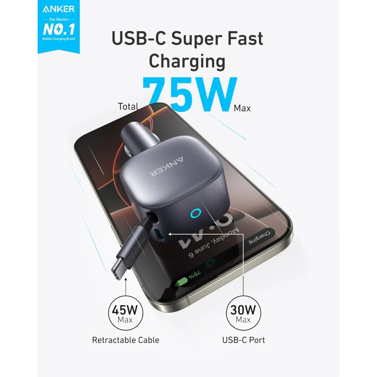 شاحن سيارة Anker USB-C بقدرة 75 واط مع كابل قابل للسحب - Thumbnail 3