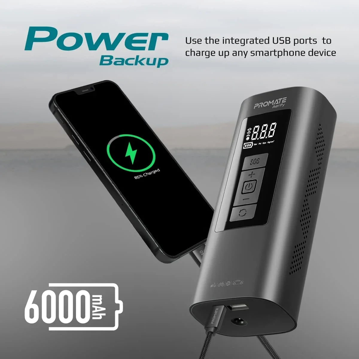 Promate Aerify 4-in-1 Portable Electric Air Pump 6000mAh 150 PSI - Thumbnail 4