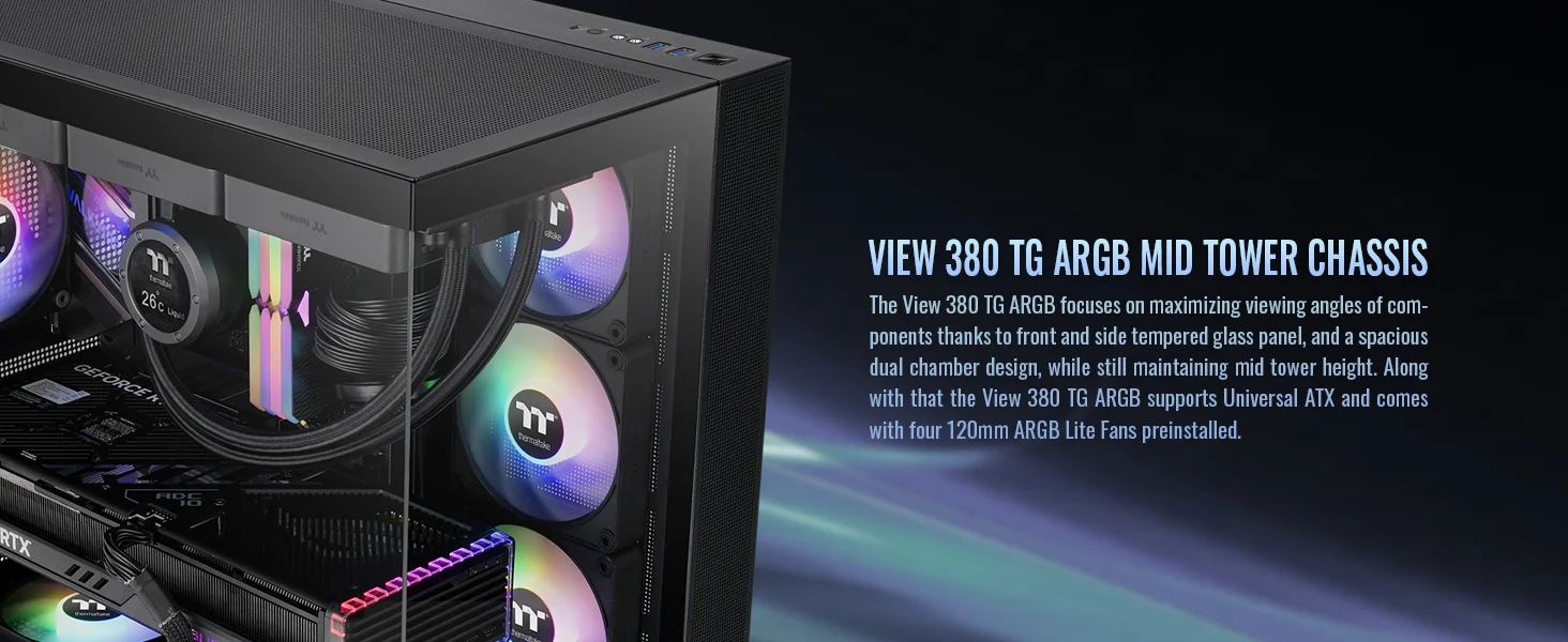 هيكل كمبيوتر Thermaltake View 380 TG ATX ميد تاور مع 4 مراوح ARGB مقاس 120 مم، أسود - Thumbnail 8