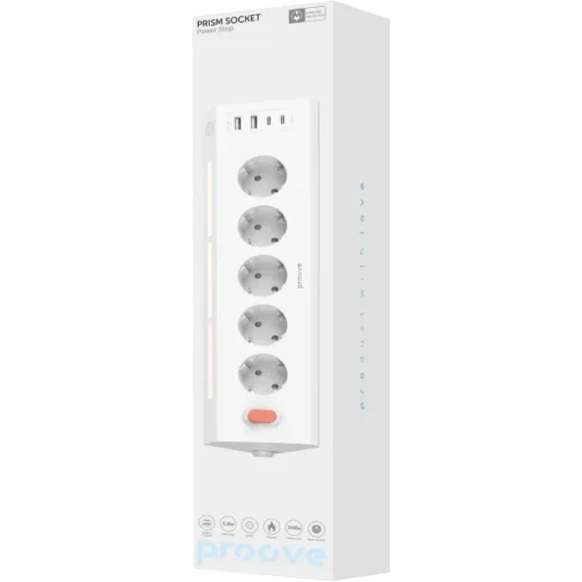 Proove Prism Surge Protector Power Strip with 5 Sockets, 2 USB-C & 2 USB-A Ports - White - Image 4