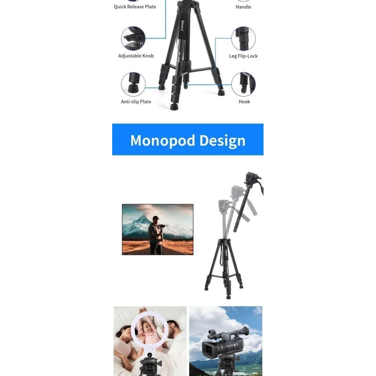 Jmary KP-2599 Professional Aluminum Tripod and Monopod for DSLR Cameras & Smartphones - Black - Thumbnail 6
