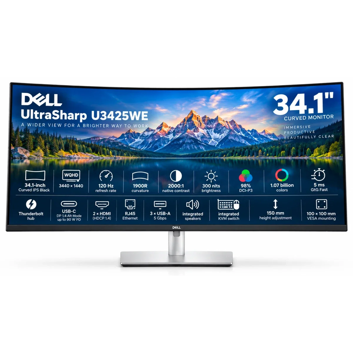 شاشة Dell UltraSharp U3425WE 34 إنش IPS منحنية Thunderbolt 4 هب بدقة 2K وتردد 120Hz وتغطية 100% Adobe RGB - Image 2