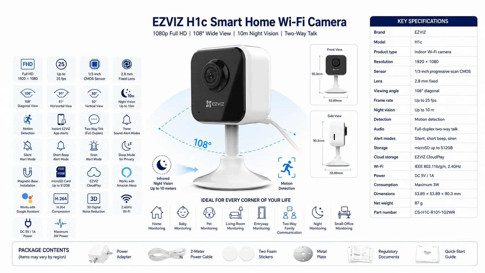 كاميرا مراقبة داخلية EZVIZ H1c Wi-Fi بدقة 1080p Full HD وعدسة واسعة 108°، أبيض - Image 8