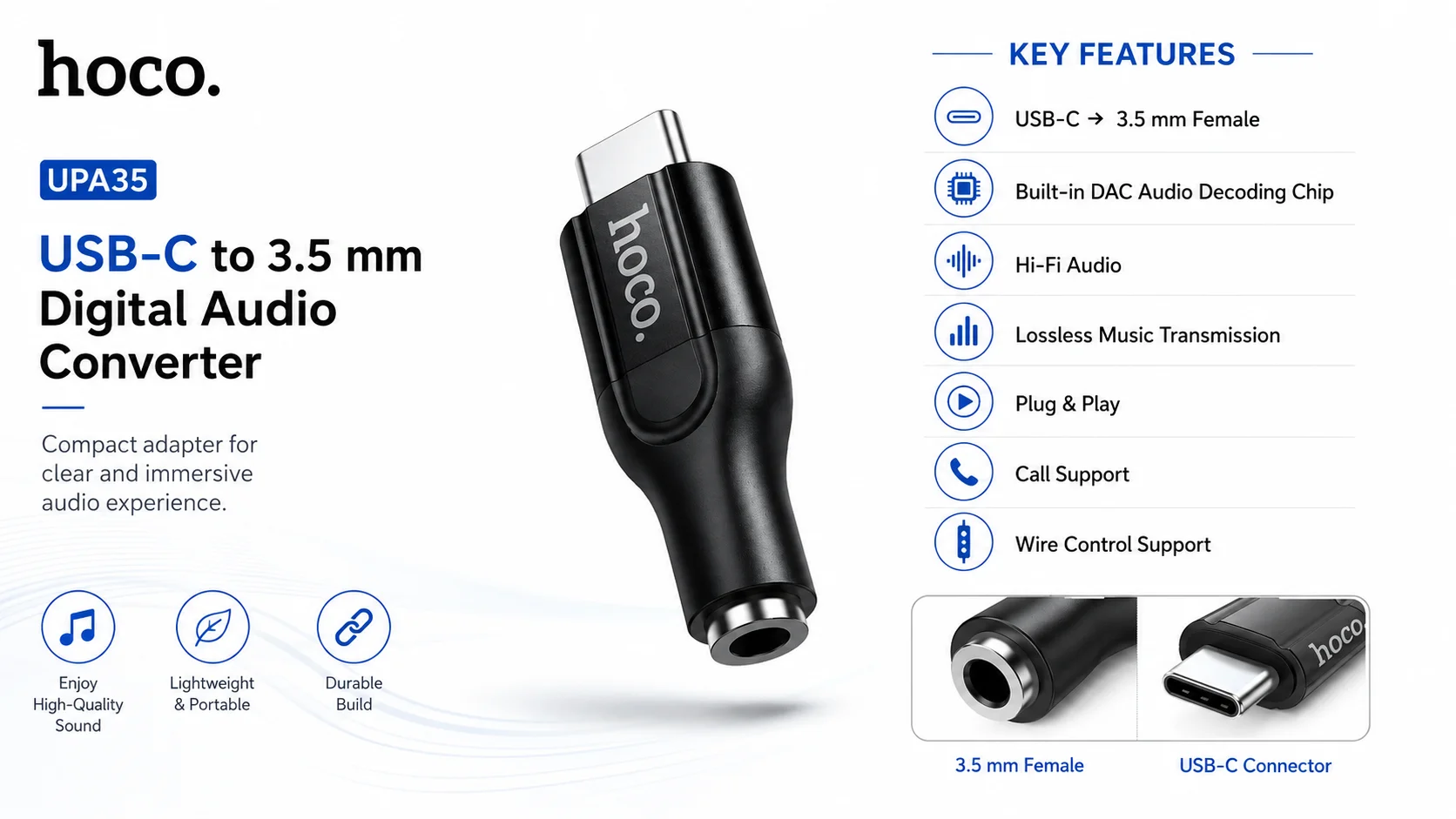 محول صوت رقمي HOCO UPA35 من USB-C إلى 3.5 مم أنثى أسود - Thumbnail 6