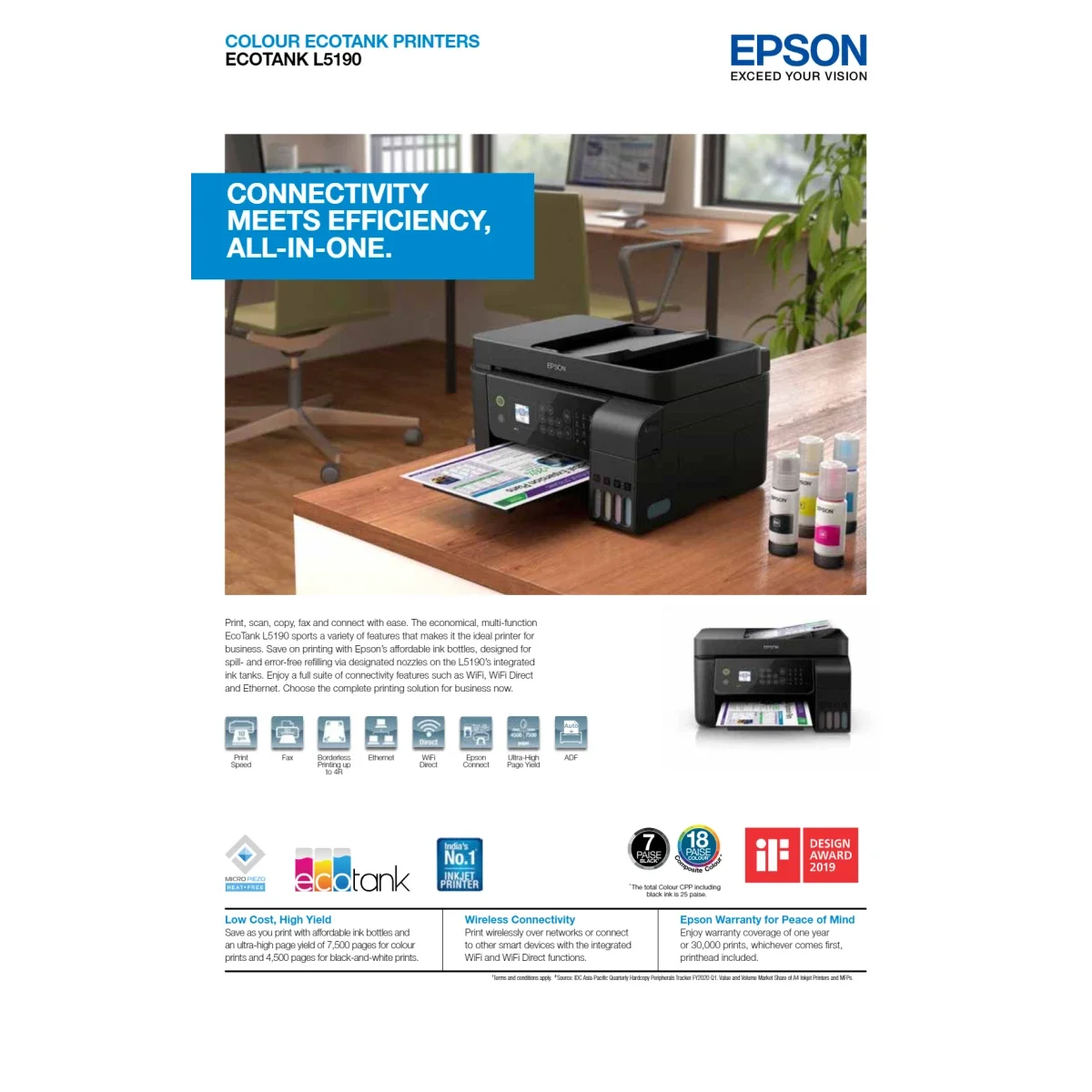 طابعة EPSON EcoTank L5190 متعددة الوظائف بخزان حبر A4 ملونة مع ADF وWi‑Fi وشاشة LCD - أسود - Image 5