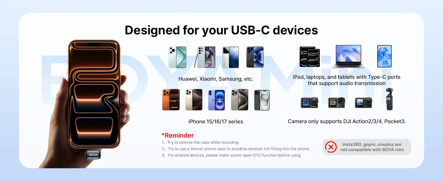 Boya mini 2-02 Type-C Wireless Lavalier Microphones for iPhone 15/16/17 & Android, Silver - Thumbnail 16