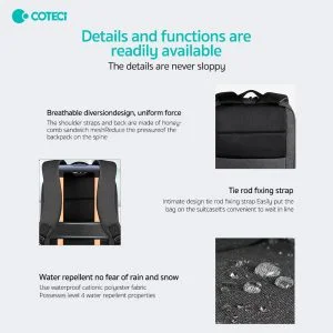 حقيبة ظهر لابتوب Coteci 14-16 إنش خفيفة ومقاومة للماء Space Gray - Thumbnail 5