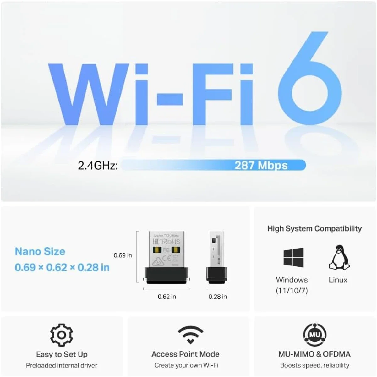 محول USB لاسلكي TP-LINK Archer TX1U Nano Wi‑Fi 6 AX300 - Image 3