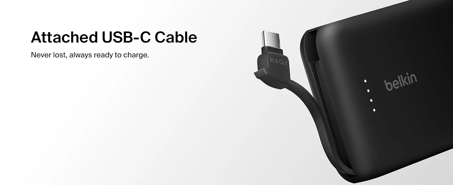 بطارية محمولة Belkin BoostCharge بسعة 10000mAh مع كابل USB-C مدمج وشحن PD بقوة 20W - أسود - Thumbnail 11