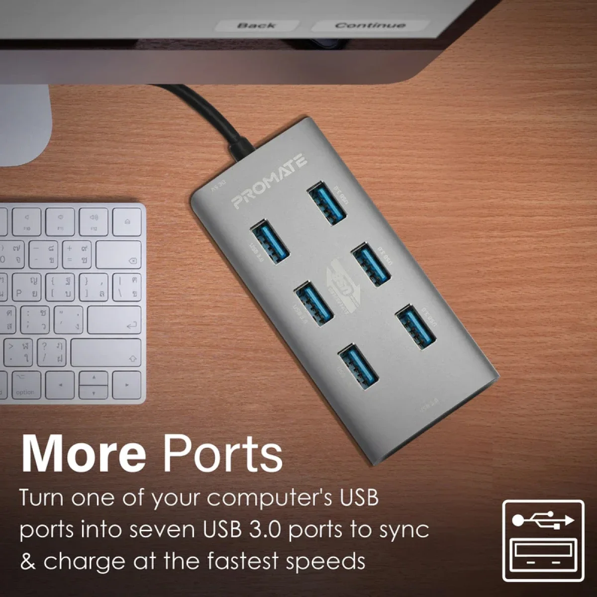 Promate EzHub-7 7-in-1 Powered USB Hub with 7 USB 3.0 Ports and USB-C Adapter - Image 6