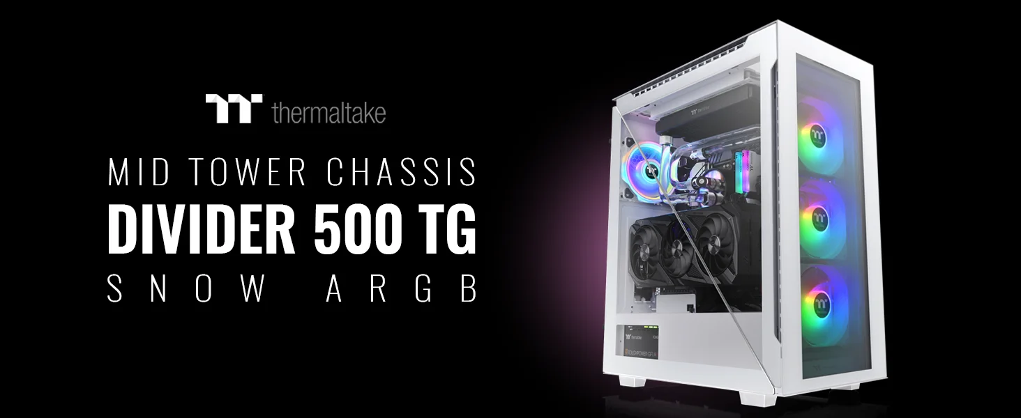 هيكل كمبيوتر Thermaltake Divider 500 ميد تاور مع 3 مراوح أمامية ARGB مقاس 120 مم ومروحة خلفية 120 مم وألواح مثلثة متناظرة - White - Image 8