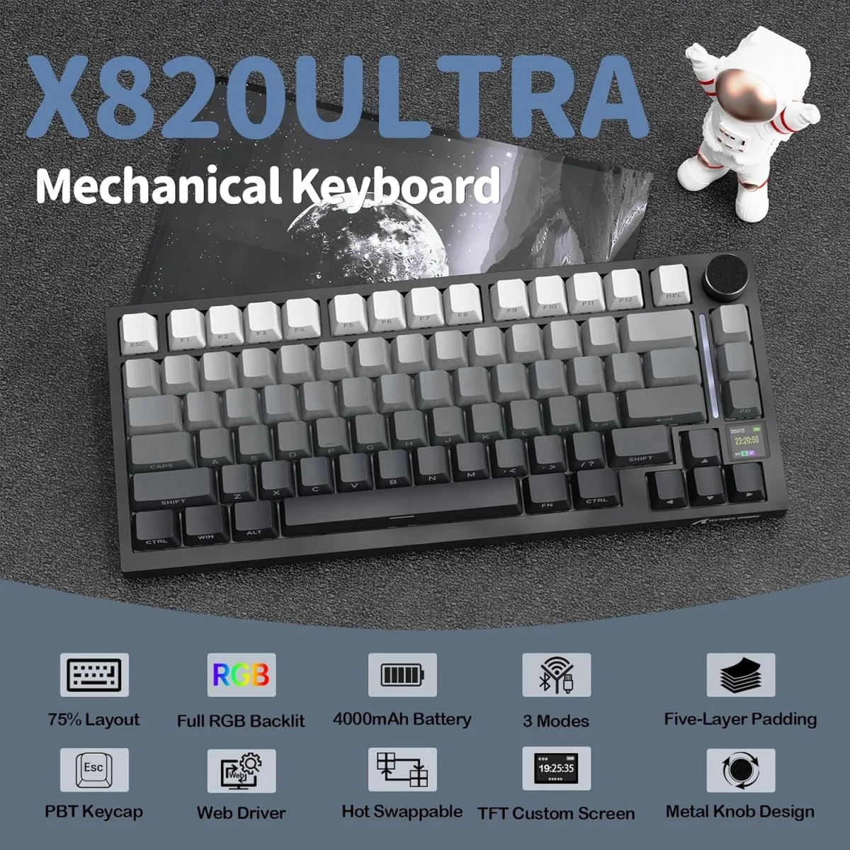 كيبورد ألعاب ميكانيكي ATTACK SHARK X820 Ultra لاسلكي 75% مع شاشة TFT ومقبض وإضاءة RGB - Moonlit Night - Image 3