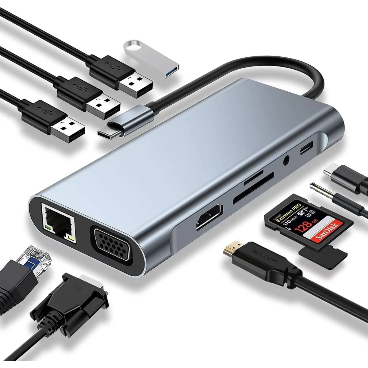موزع USB-C SZPACMATE ‏11 في 1 مع 4K HDMI وVGA وPD وإيثرنت وقارئ بطاقات