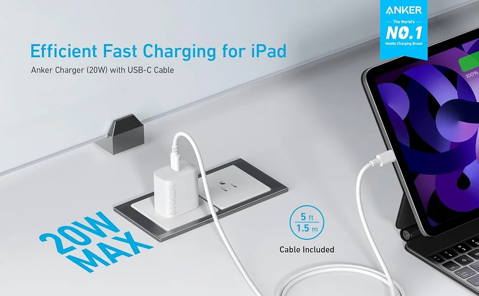 Anker 312 20W USB-C Fast Wall Charger with 5 ft USB-C to USB-C Cable, White - Thumbnail 6