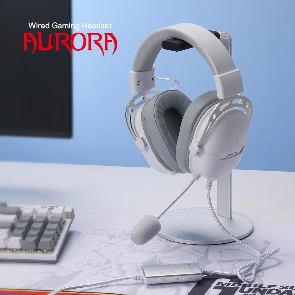 Redragon H376WG Aurora Wired USB Gaming Headset with 7.1 Surround Sound, 40mm Drivers - White - Thumbnail 7