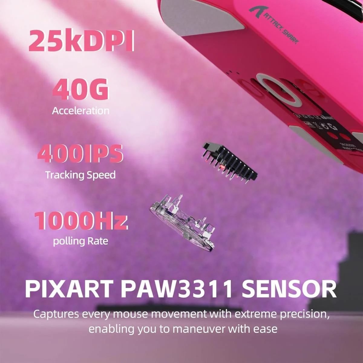 ماوس ألعاب لاسلكي ATTACK SHARK G3PRO مع قاعدة شحن RGB ودقة 25K DPI، أحمر - Image 4
