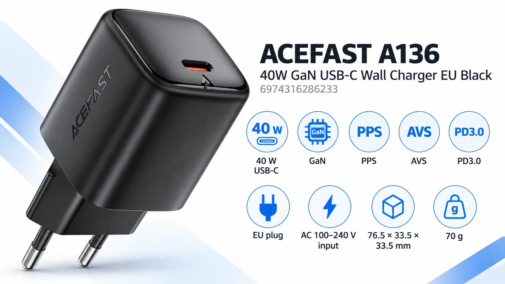 شاحن جداري ACEFAST A136 بقدرة 40 واط GaN USB-C بفيشة أوروبية، أسود - Image 12