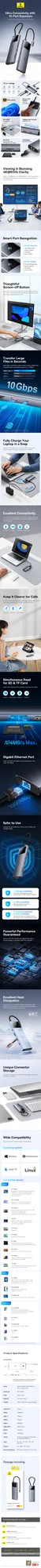 موزع USB-C Baseus Metal Gleam II Series 10 في 1 مع HDMI 4K 60Hz وRJ45 وSD/TF ومنفذ 3.5mm وPD 100W - Space Grey - Image 9