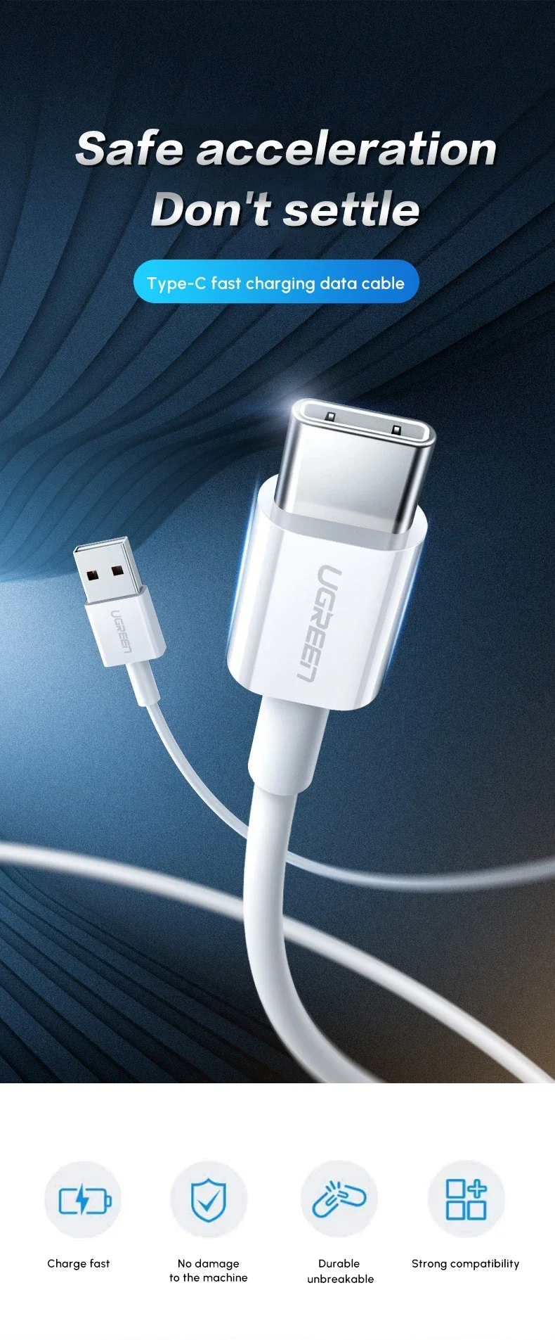كابل شحن سريع USB-A إلى USB-C من Ugreen QC3.0 3A بطول 1 متر لون أبيض - Image 2