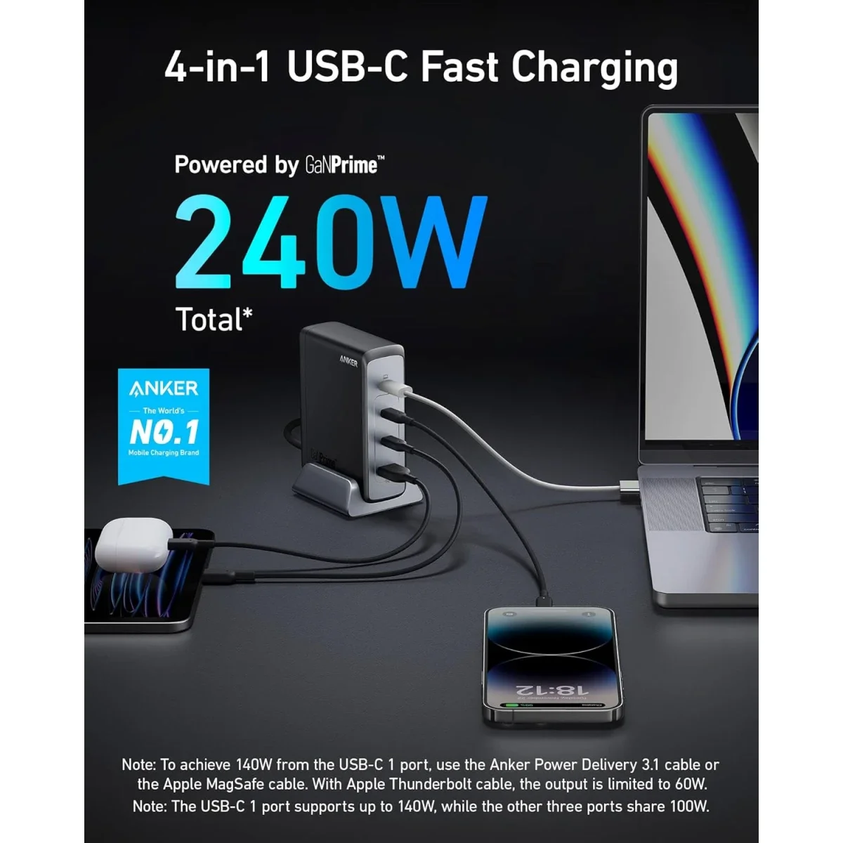 شاحن Anker Prime سريع GaN USB-C بقدرة 240 واط و4 منافذ - Thumbnail 5