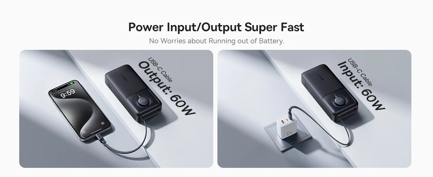 Baseus Free2Pull 20000mAh 65W Power Bank with Retractable USB-C Cable - Black - Thumbnail 13