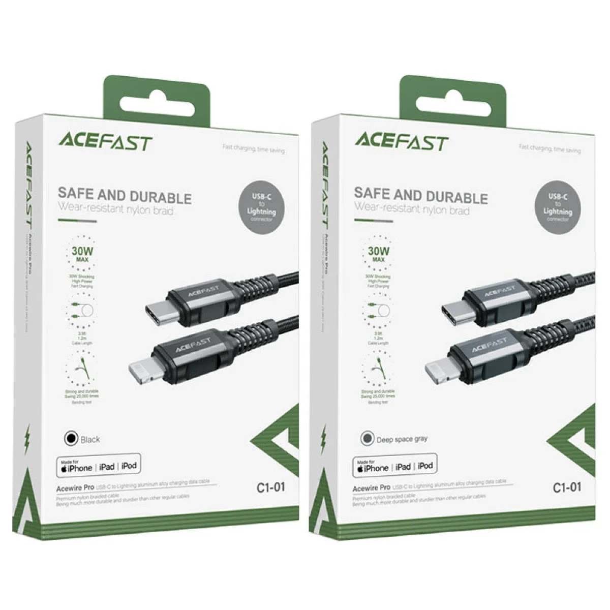 كابل شحن سريع ACEFAST C7-03 USB-C إلى USB-C مضفر بطول 1.2 متر وقدرة 100W وشاشة إضاءة - أسود