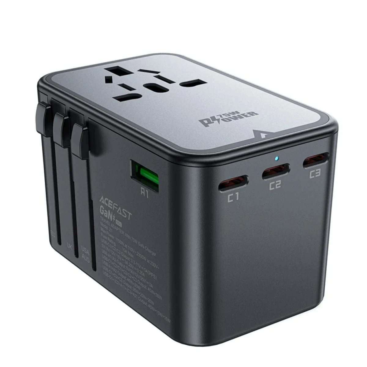 ACEFAST Z1 75W GaN Travel Charger with 3 USB-C, 2 USB-A & Universal Plugs - Image 2
