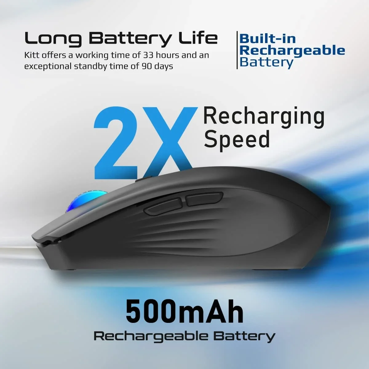 ماوس لاسلكي Promate KITT ببطارية قابلة للشحن 500mAh وإضاءة RGB ودقة 1600 DPI أسود - Thumbnail 2