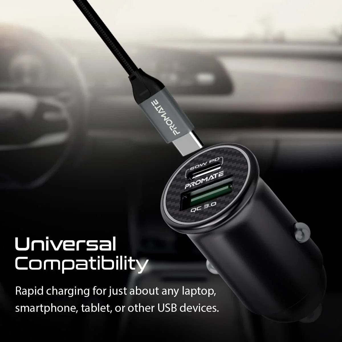شاحن موبايل للسيارة Promate Bullet-PD60 بقدرة 60W USB-C مع منفذ USB-A ‏18W Quick Charge 3.0 - Thumbnail 4
