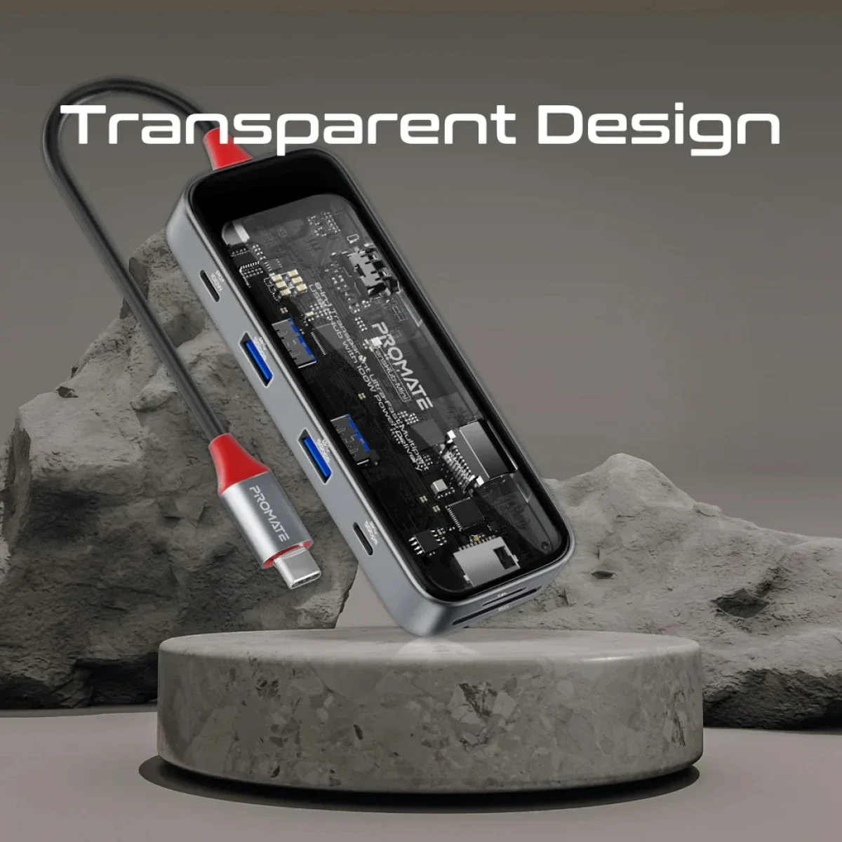 موزع وسائط USB-C ‏8 في 1 Promate TransHub-Mini مع HDMI ‏4K@60Hz ومنفذ LAN جيجابت وطاقة PD ‏100W - Thumbnail 2