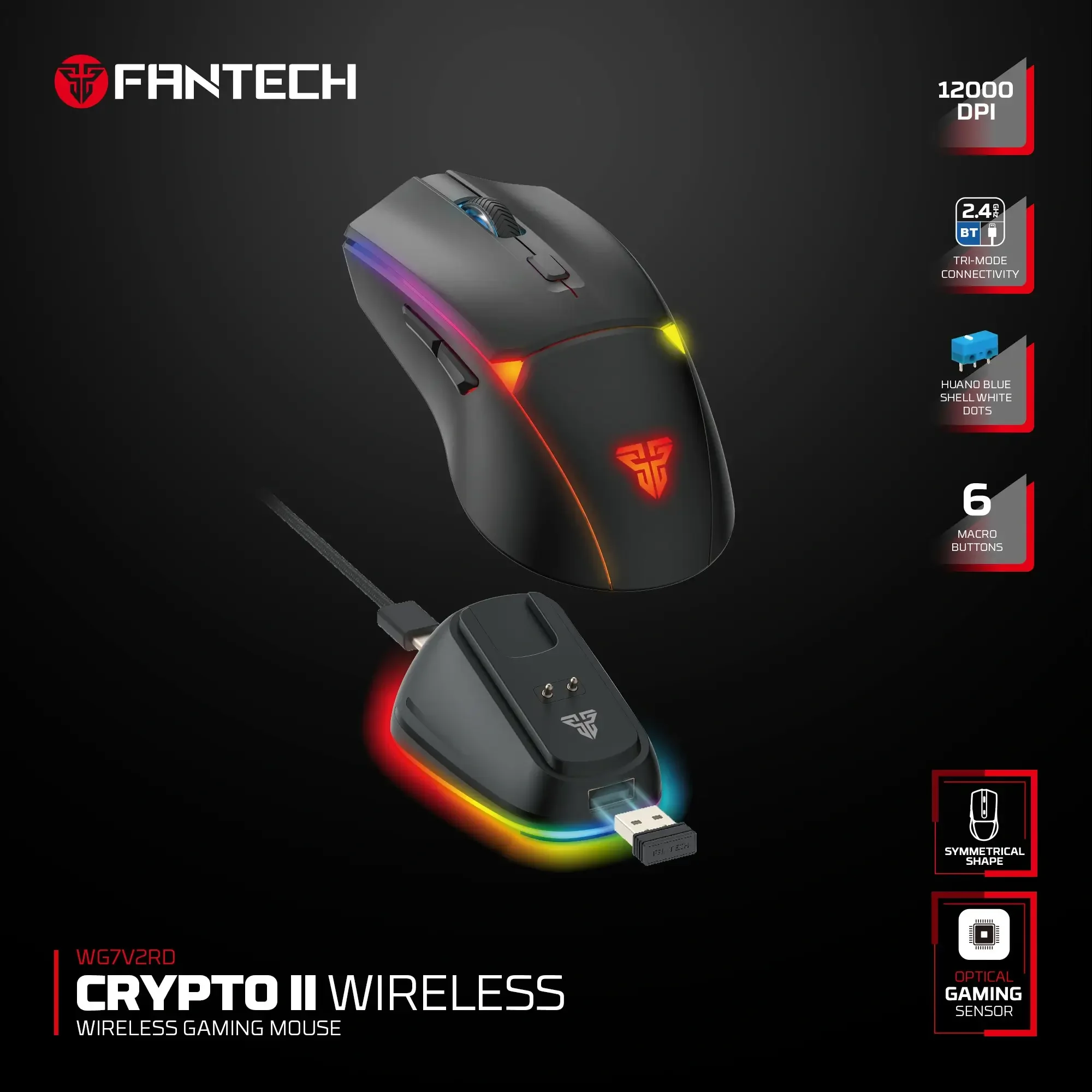 Fantech WG7V2RD CRYPTO II Wireless Gaming Mouse Black - Thumbnail 3