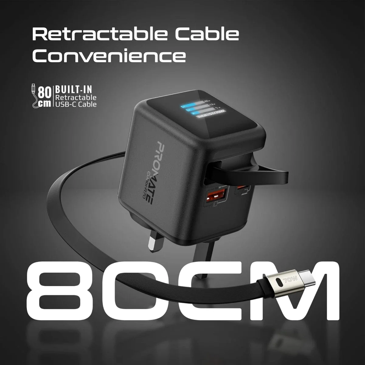 شاحن Promate Cubix-R70 GaNFast بقدرة 70 واط مع كابل USB-C قابل للسحب بطول 80 سم - Thumbnail 4