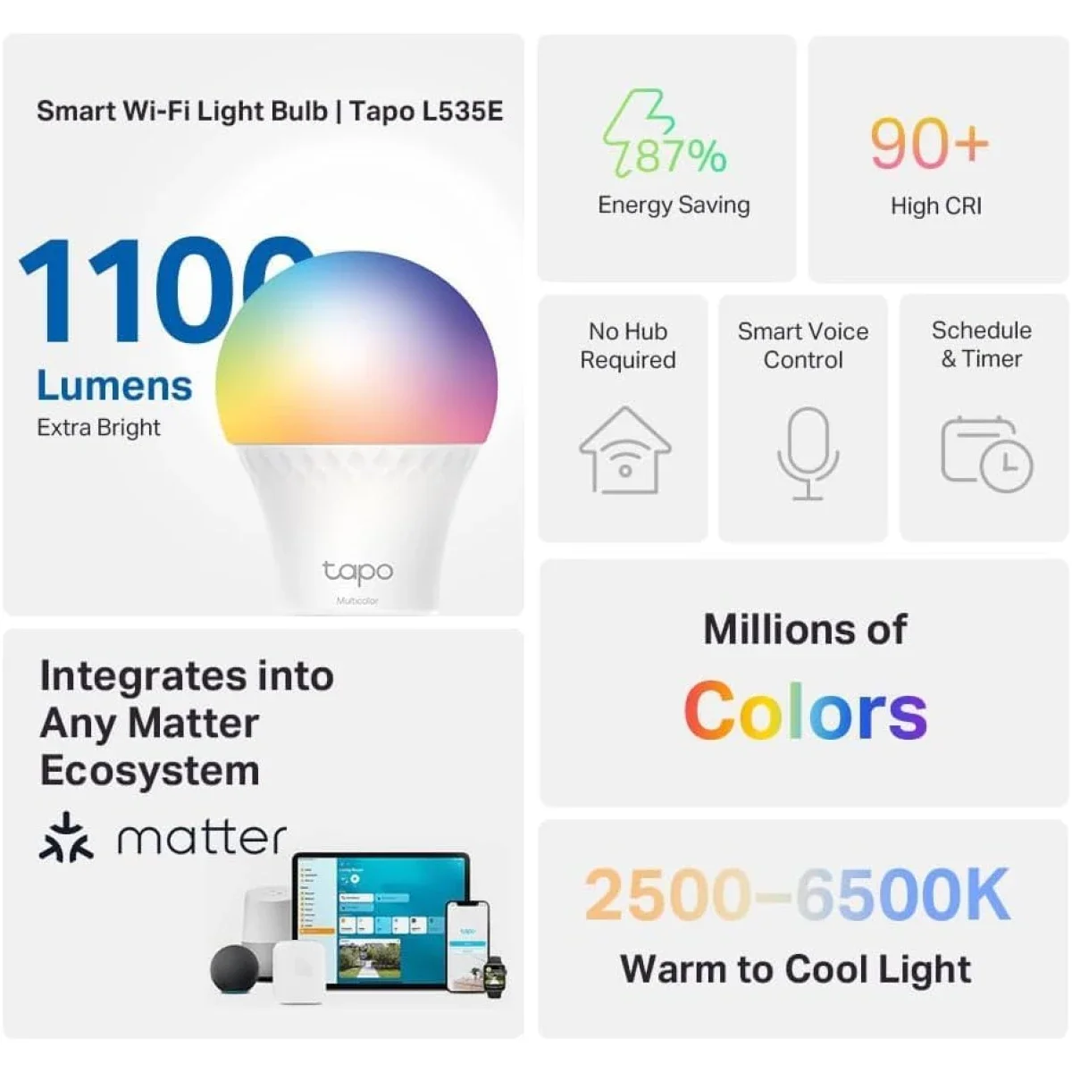 TP-LINK Tapo L535E Smart Wi-Fi Light Bulb 1100 Lumens RGBW Matter Certified - Image 2