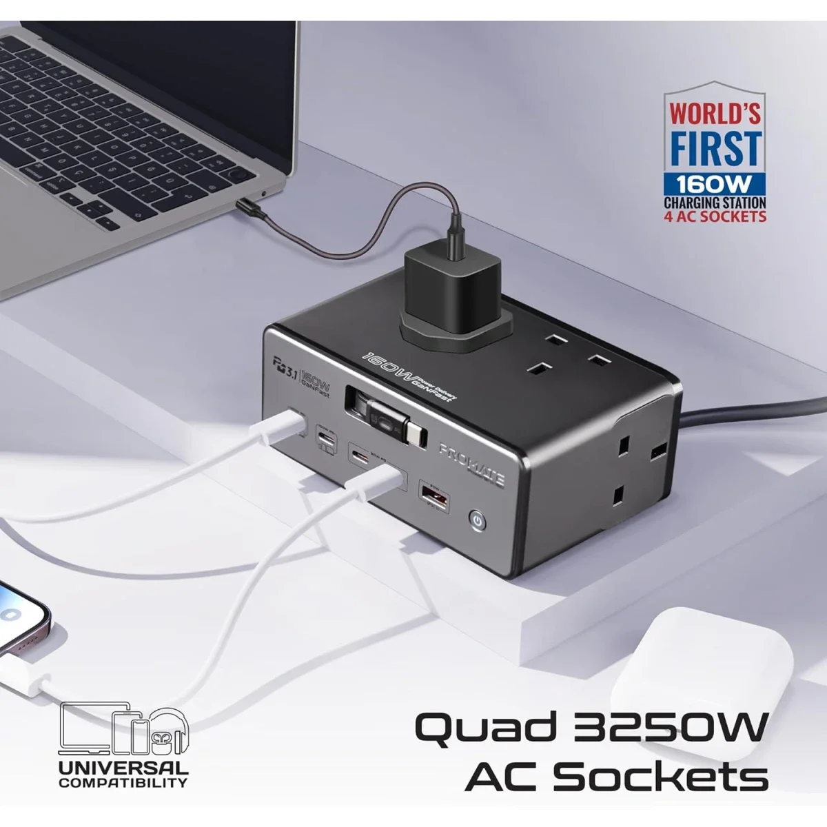 محطة شحن Promate PowerBrix-160 GaNFast بقدرة 160 واط مع 4 مقابس AC وكابل USB-C قابل للسحب - رمادي - Thumbnail 6
