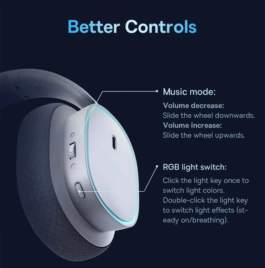 Baseus GH02 Wireless Gaming Headphones with ANC, RGB, 40mm Drivers and 40-Hour Playtime - White - Thumbnail 23