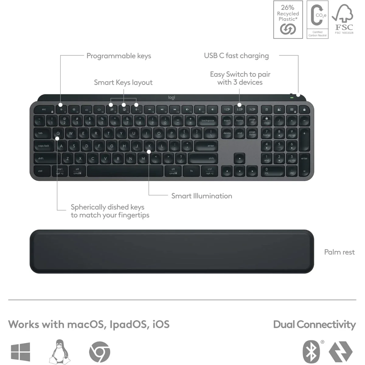 طقم كيبورد وماوس Logitech MX Keys S Combo مع MX Master 3S لاسلكي، مسند راحة، إضاءة ذكية، بلوتوث، USB-C، عربي/إنجليزي، جرافيت - Image 7