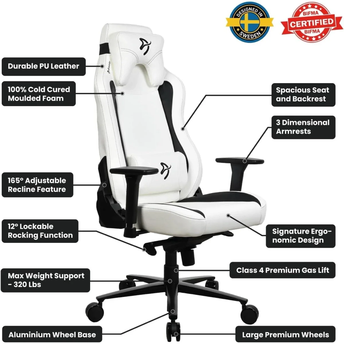 Arozzi Vernazza Soft PU Leather Ergonomic Gaming Chair - White
