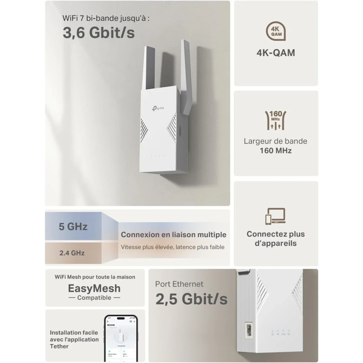 مقوي إشارة TP-LINK RE235BE BE3600 واي فاي 7 ثنائي النطاق مع إيثرنت 2.5G - Image 3