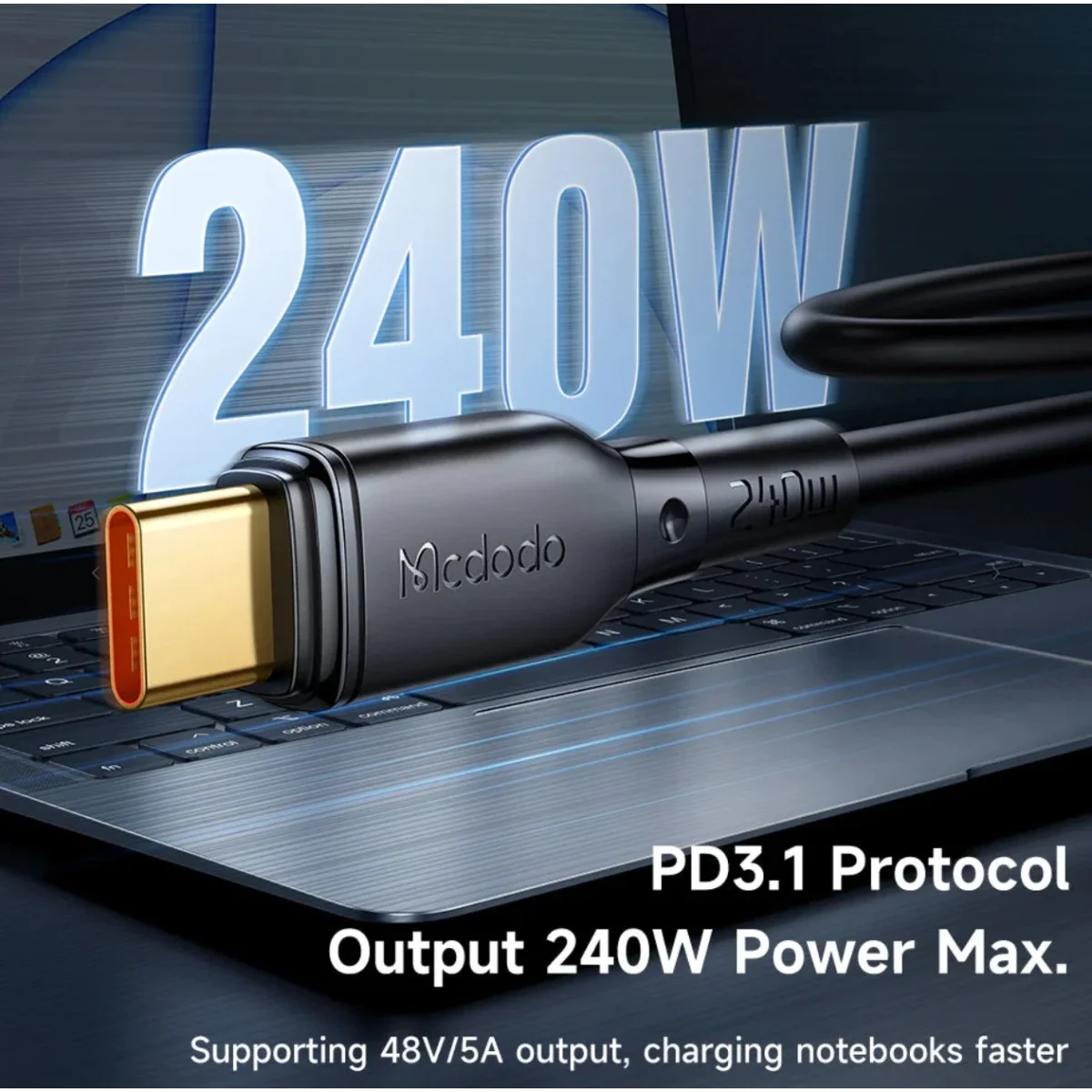 سلك Mcdodo CA-3310 USB-C إلى USB-C بقدرة 240W وشحن سريع PD 3.1 ومزامنة بيانات 1.2 متر أسود - Thumbnail 3
