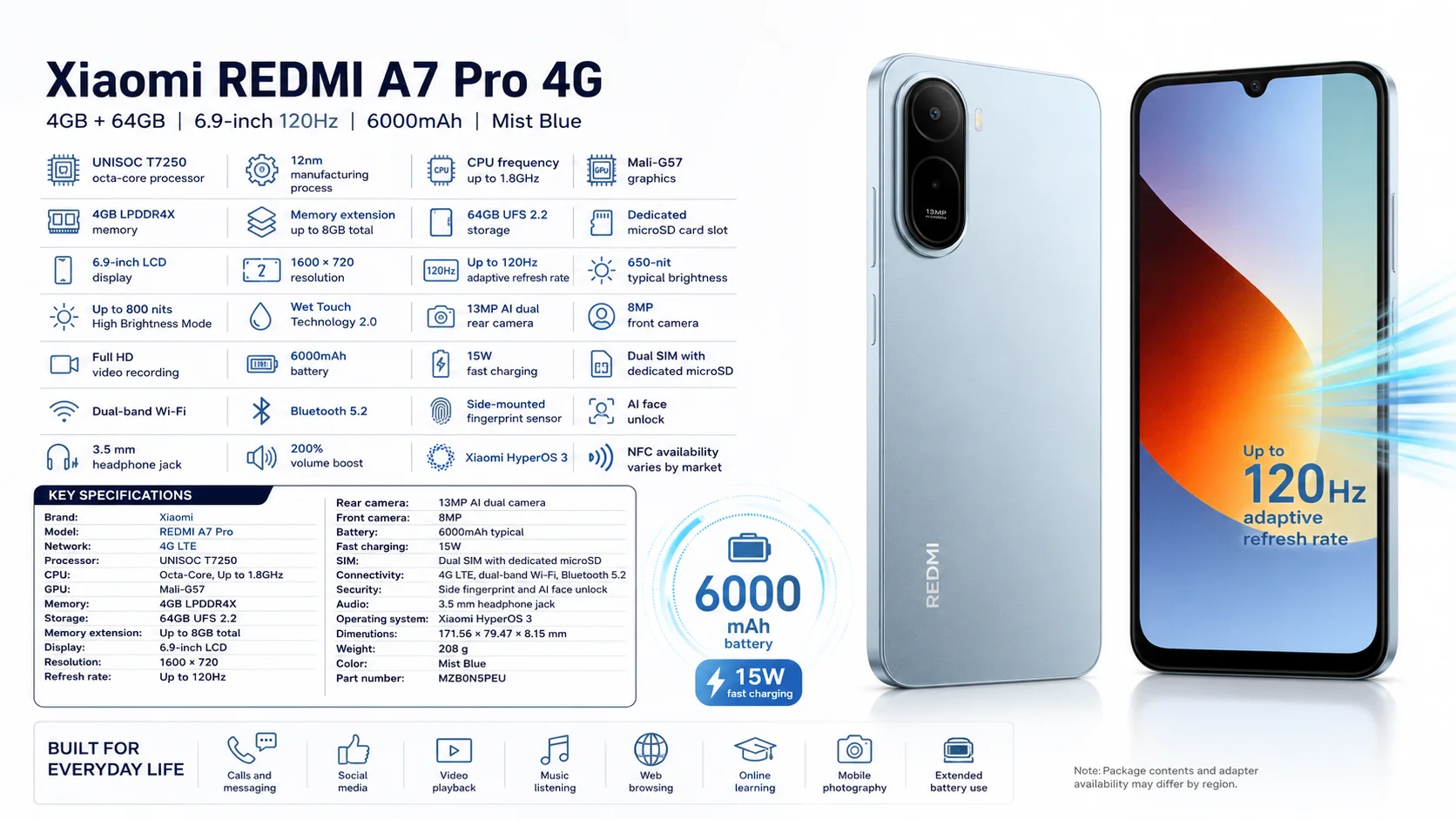 Xiaomi REDMI A7 Pro 4G Smartphone, 6.9-inch 120Hz Display, 4GB RAM, 64GB Storage, Mist Blue (MZB0N5PEU) - Image 17