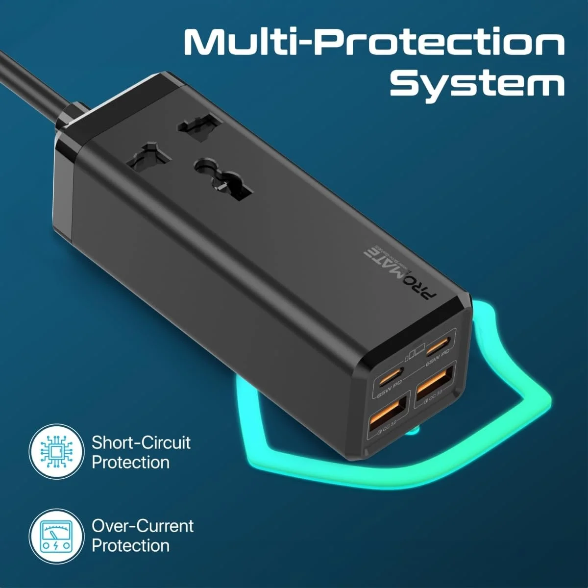 Promate PowerBrix-GaN65 65W GaNFast 5-in-1 Power Strip with 2500W AC Socket & 2m Cable - Thumbnail 4