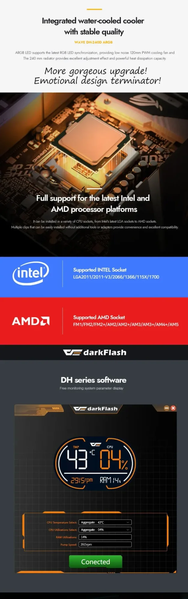 مبرد معالج مائي DarkFlash DH240D بشاشة عرض وراديتر ألمنيوم 240 ملم، أسود – WAVE DH-240D ARGB - Image 9