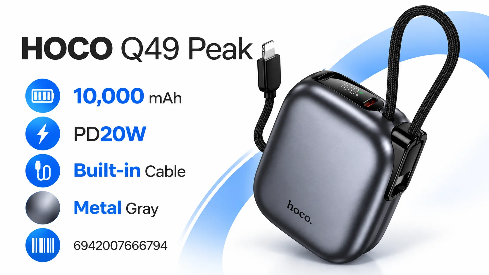 باور بانك HOCO Q49 Peak سعة 10000mAh بشحن PD20W وكابل مدمج - رمادي معدني - Thumbnail 10