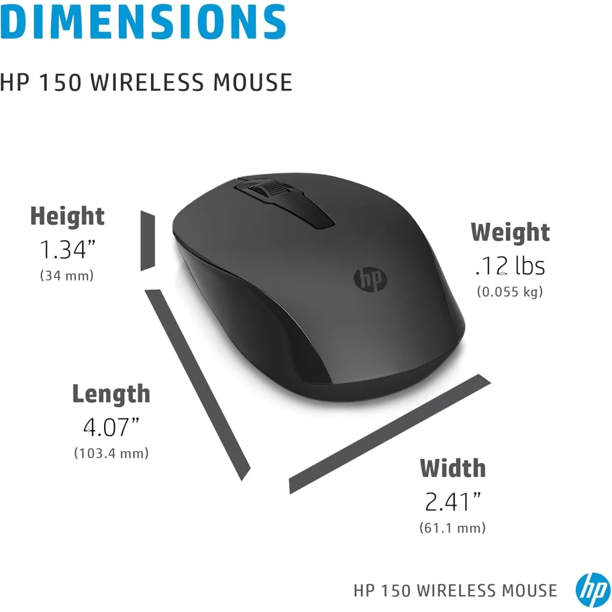 HP 150 Wireless Mouse, 1600 DPI Optical Sensor, Black - Thumbnail 5
