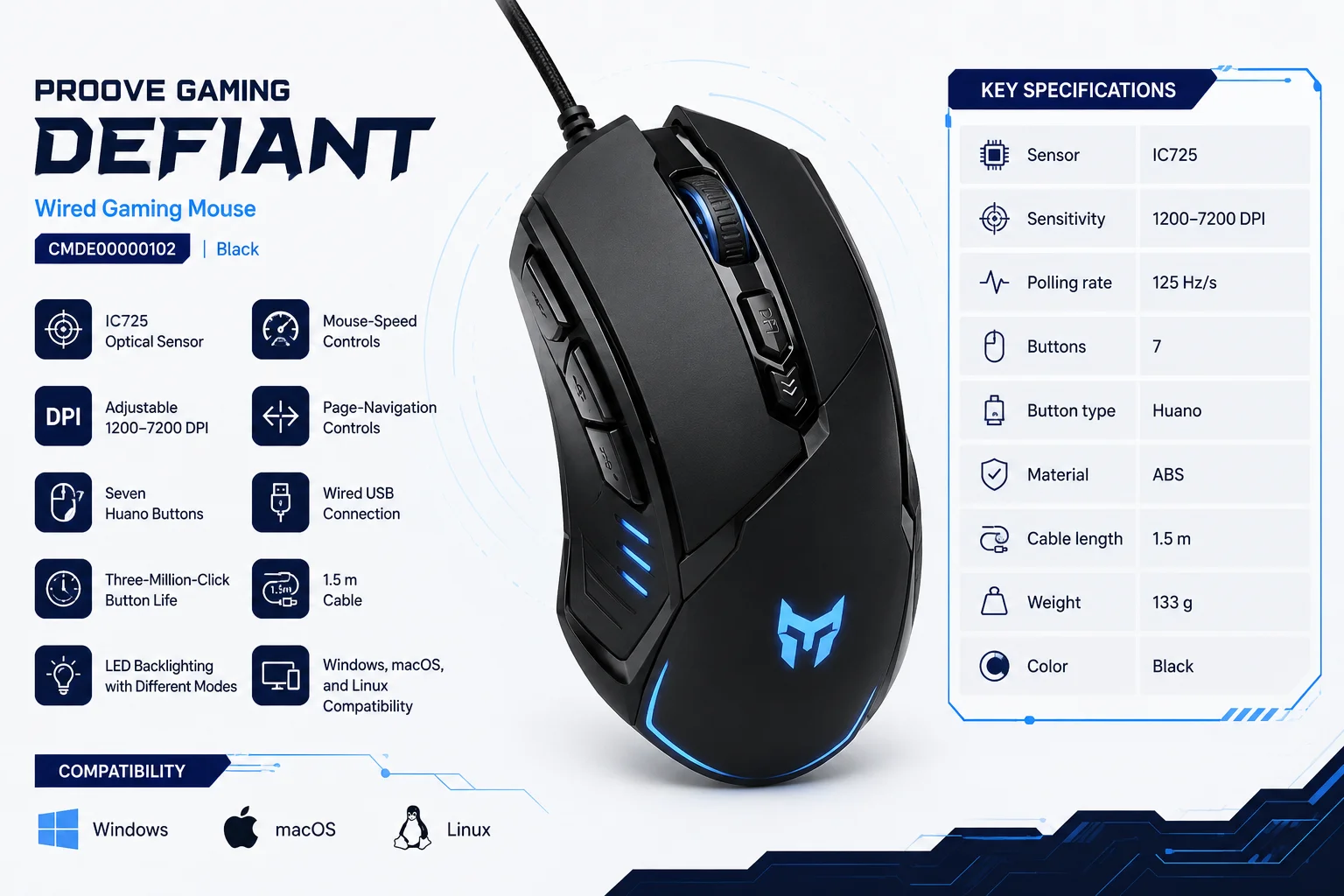 ماوس ألعاب سلكي Proove Defiant بدقة 7200 DPI أسود (CMDE00000102) - Thumbnail 9