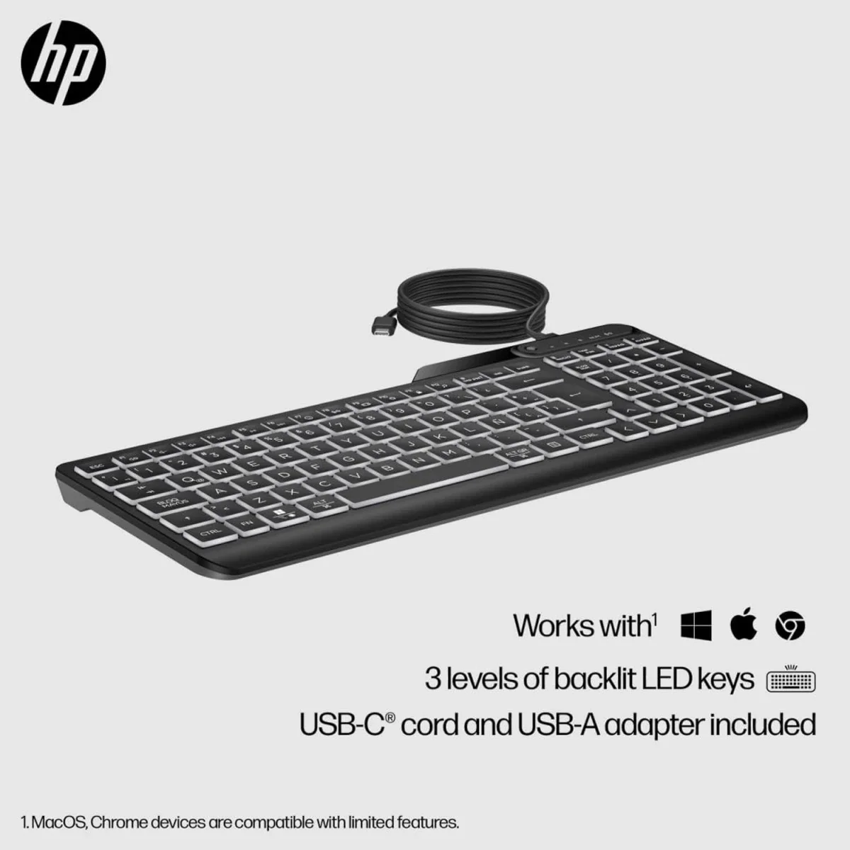 HP 405 Multi-Device Backlit Wired Keyboard with Numpad - Black - Image 6