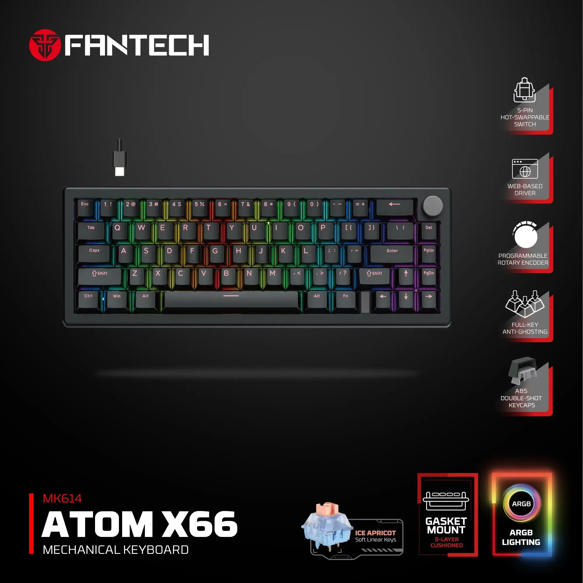 كيبورد ألعاب ميكانيكل Fantech MK614 ATOM X66 بتصميم Silicon Gasket - Image 3