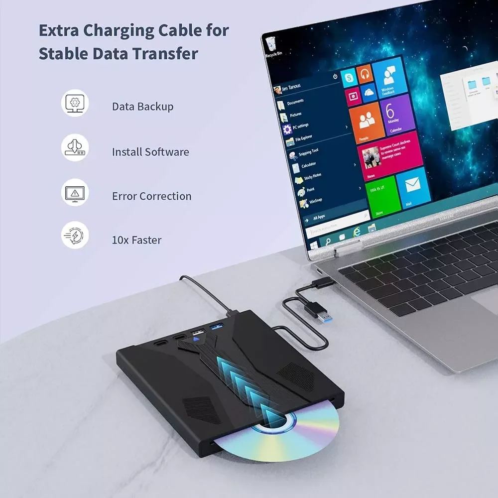 قارئ وناسخ أقراص Wbacon 31BA خارجي نحيف CD/DVD/Blu-ray بمنفذ USB 3.0 Type-C - Image 2
